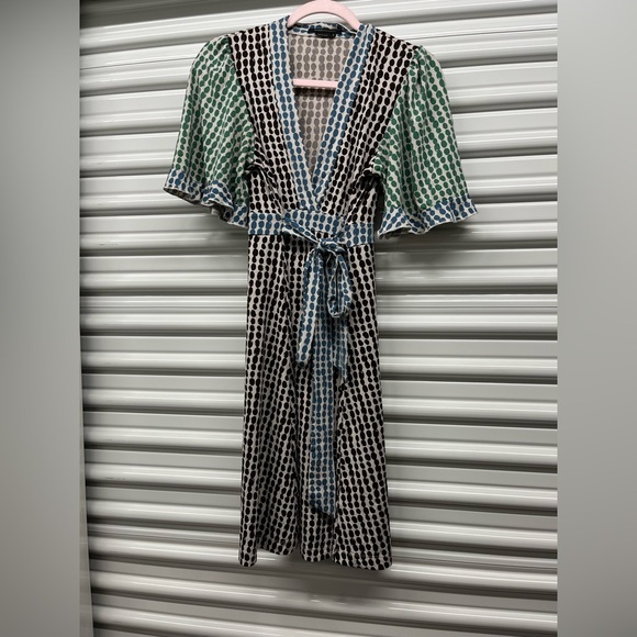 BCBGMaxAzria Brown and Blue Wrap Midi Dress - Picture 1 of 8
